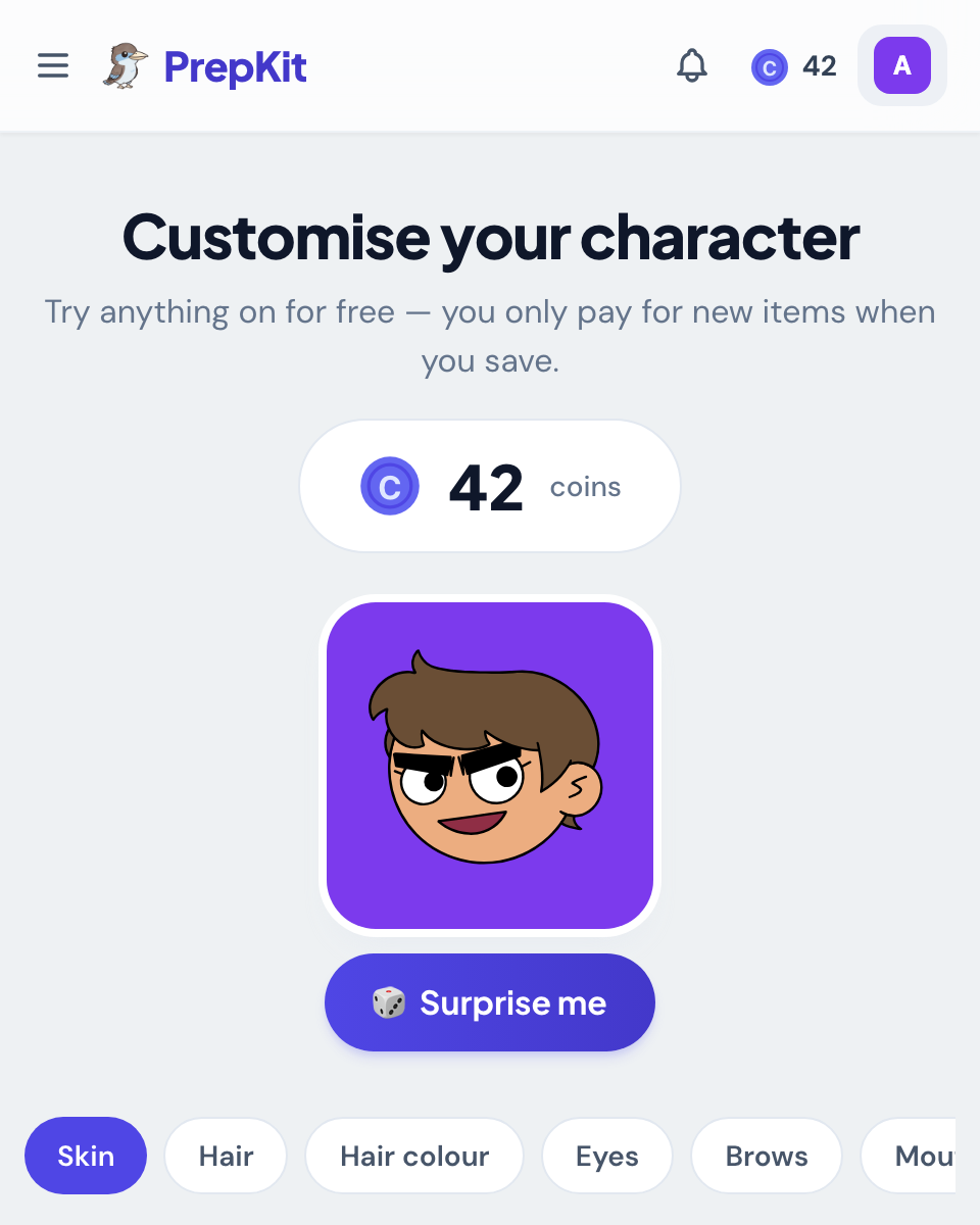 A child's custom character in the avatar builder, with a coin balance earned from practice